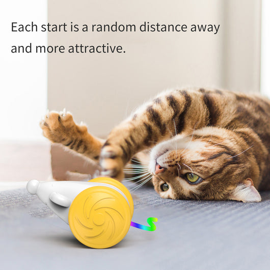White and blue interactive cat toy shaped like a mouse with large wheels and a colorful, luminous tail.