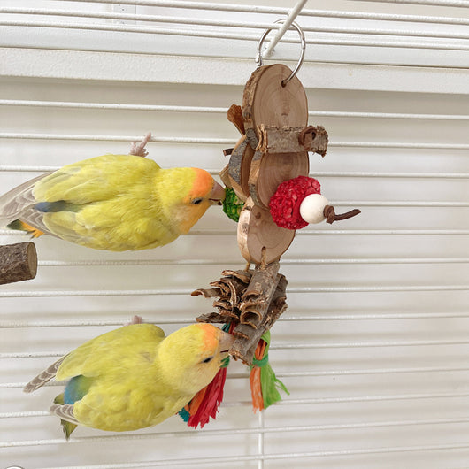 Two yellow-green parrots playing with a hanging bird bite toy made of natural wood slices, bark, and colorful shredded paper. - Image 4