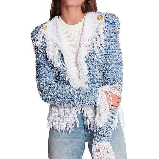Abrigo Tweed Elegante con Cuello Vuelto y Detalle de Borla - Image 3