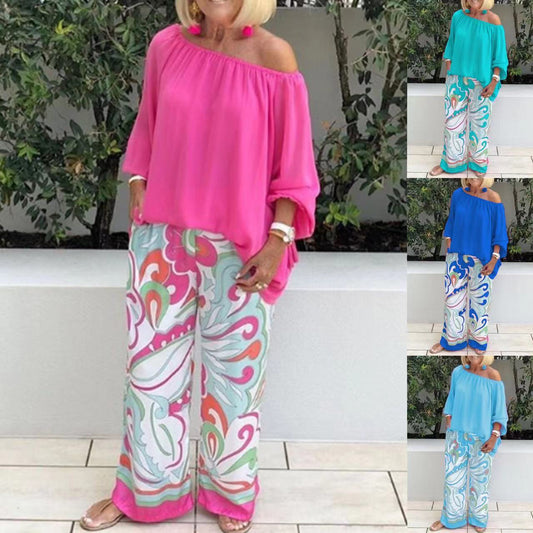 Conjunto Casual Elegante: Pantalón Estampado + Top Hombro Descubierto