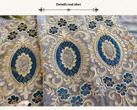 Blue sheer curtain with intricate gold and dark blue embroidery in a European classical style, draped over a window. - Image 29