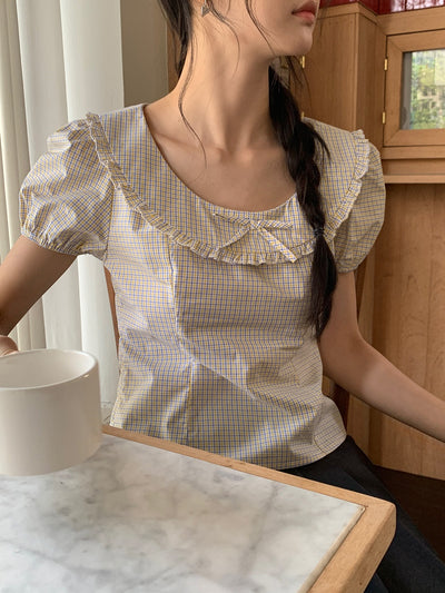 Blusa Corta Cuadros Retro con Escote Amplio - Image 39
