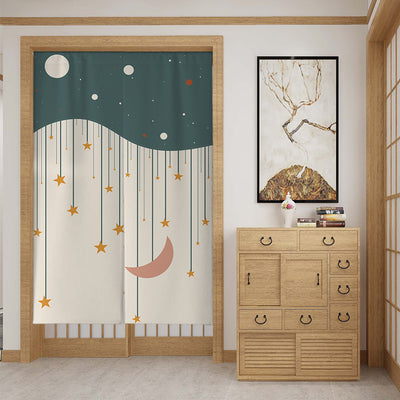 Fabric door curtain with a modern botanical design, featuring large green leaves, a snail, and geometric shapes. - Image 6