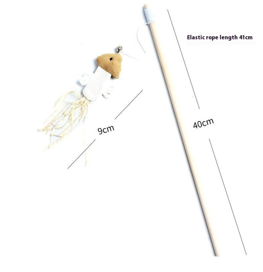 Cat teaser toy with a long wooden pole, a striped ball, brown feathers, and a small bell. - Image 30
