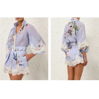 Traje Dos Piezas Mujer con Blusa de Encaje y Pantalón Ancho - Image 3