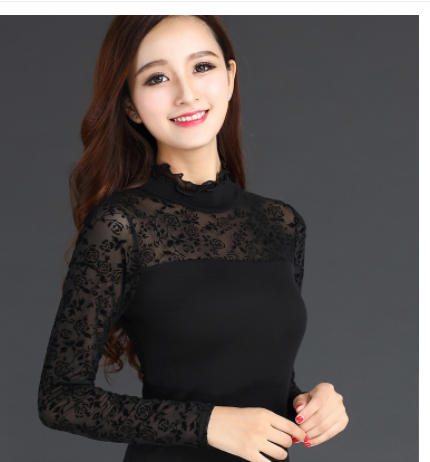 Blusa Ajustada de Encaje Mesh con Cuello Hongo - Manga Larga para Mujer