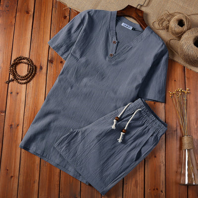 Conjunto de Dos Piezas en Algodón y Lino con Cuello V y Cierre Ajustable