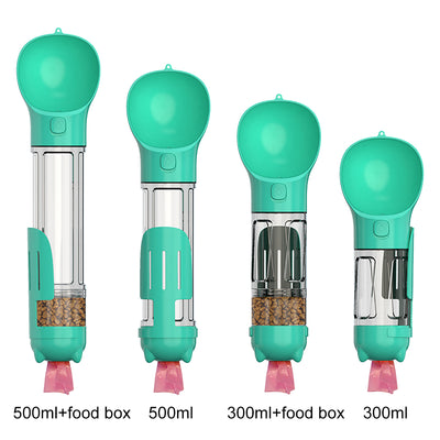 Four teal pet multi-functional water bottles, two with food boxes, in 300ml and 500ml sizes. - Image 20