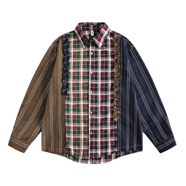 Camisa Cuadros Asimétrica Hombre Tendencia Street Style Bordes Deshilachados