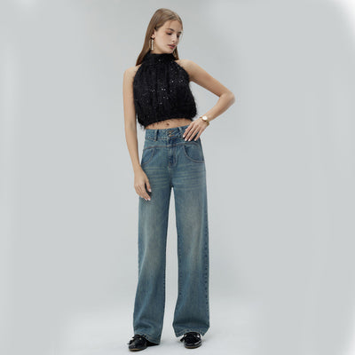 Pantalones Anchos Cintura Alta Estilo Retro con Detalles Rotos para Mujer - Image 3