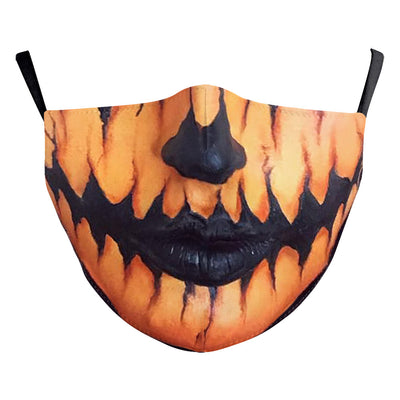 Black double-layer face mask with a repeating pattern of glowing white jack-o'-lantern faces and ear hooks. - Image 20