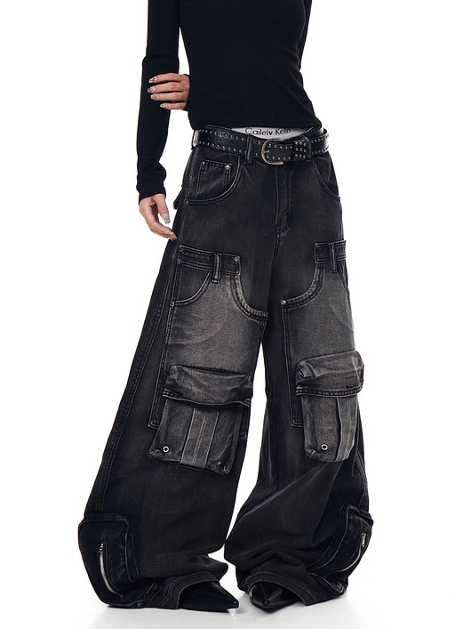 Pantalones Cargo Vintage Desgastados Multi-bolsillos Pierna Ancha Suelta - Image 14