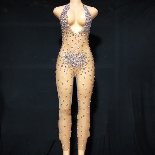 Traje de Presentación Elástico Gris Terciopelo con Cristales Brillantes para Mujer - Image 10