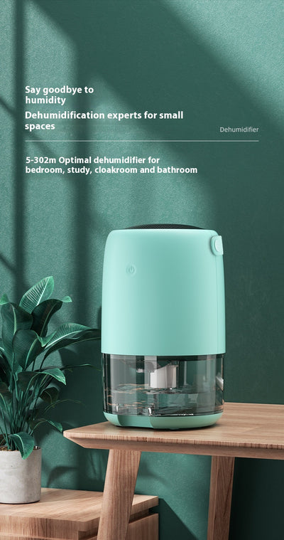White compact dehumidifier with a transparent water tank, featuring a top grille and a power button. Highlights smart start, defrost, night mode, and quiet oper - Image 15