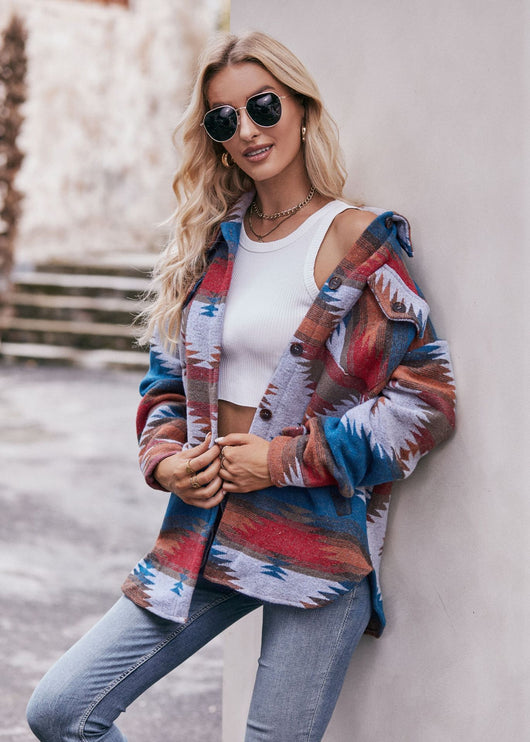 Abrigo Camisero Geométrico con Cuello Alzado y Bolsillos para Mujer - Image 15
