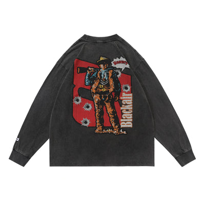 Playera Holgada Estampado Denim Lavado Desgastado Manga Larga - Image 4