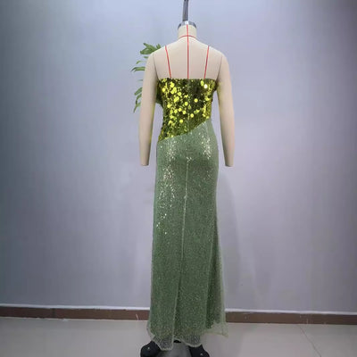 Vestido Tubo Luxury con Lentejuelas Verdes y Plumas, Abertura Sensual - Image 4