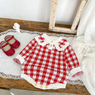 Mameluco Triangular de Punto para Bebé Niña - Diseño Cuadros Otoñal en Rojo - Image 13