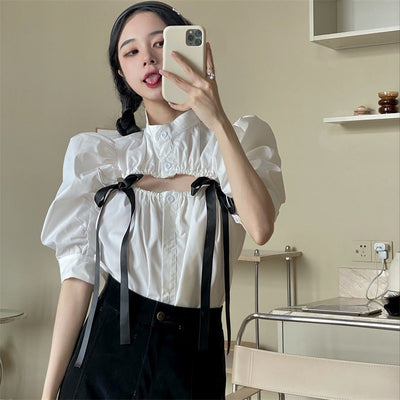 Blusa Blanca Manga Abullonada Ajustada Efecto Reductor - Image 6