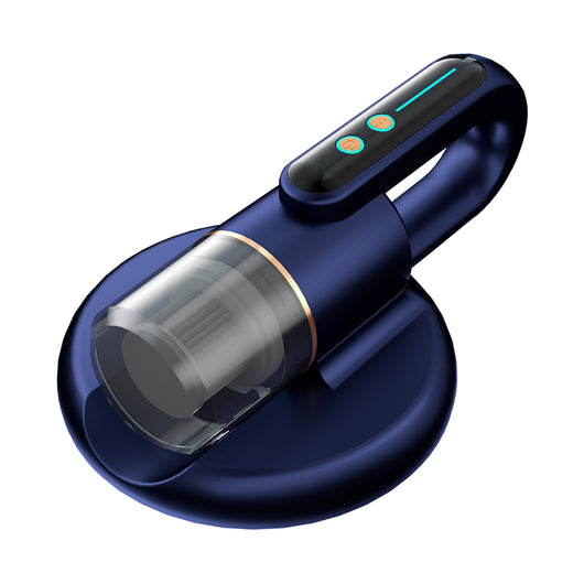 Dark blue handheld bed vacuum cleaner with clear dustbin, gold accents, and illuminated control panel on a charging base. - Image 5