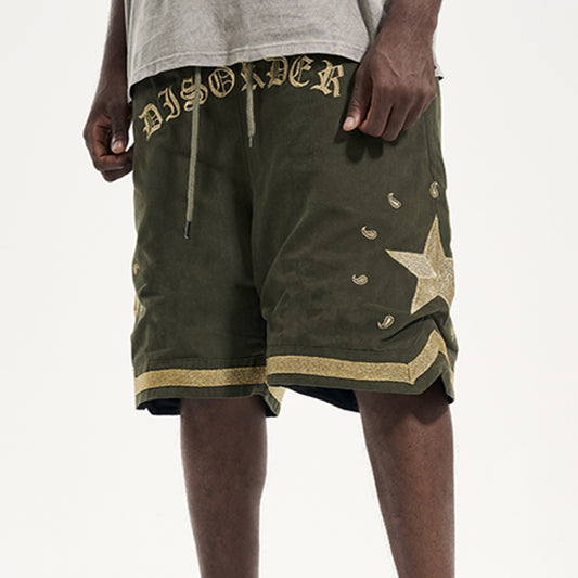 Shorts Militares de Lona Pesada con Bordado Dorado Floral