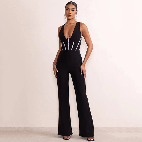 Jumpsuit Bandage Escotado con Espalda Descubierta y Diamantes