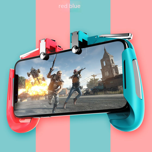 Black and white mobile gaming controller with physical buttons attached to a smartphone displaying a gunfight game. - Image 6