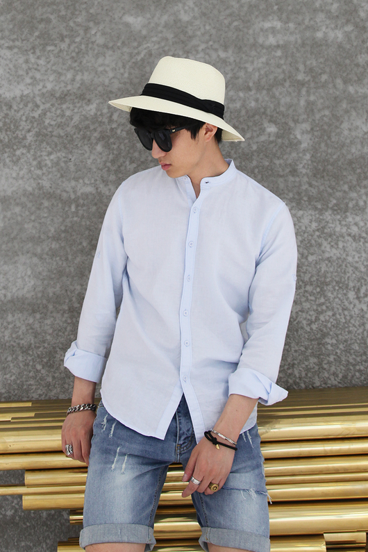 Camisa de Lino Retro con Cuello Mao para Hombre - Image 9