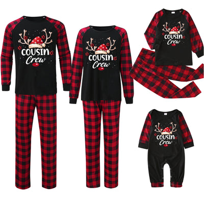 Kids' black and red buffalo plaid Christmas pajamas with 'Cousin Crew' graphic and reindeer antlers. - Image 6