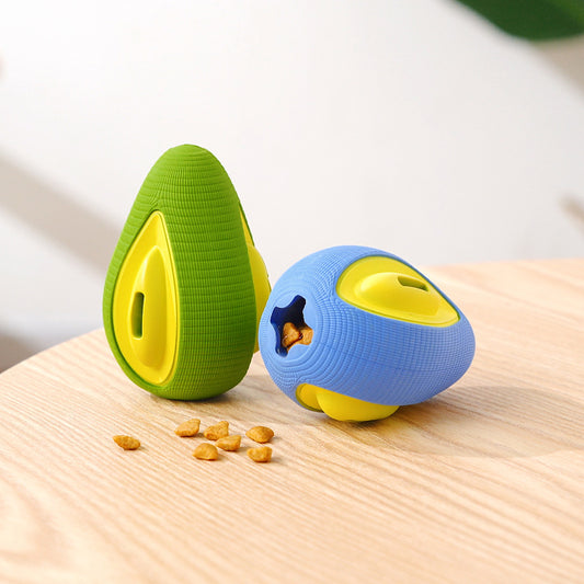 Green and yellow avocado-shaped rubber dog chew toy with a textured surface and a treat dispensing slot. - Image 2