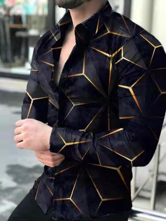 Camisa Manga Larga Estampado 3D Diseño Irregular Ajuste Slim Hombre Moda Urbana - Image 4