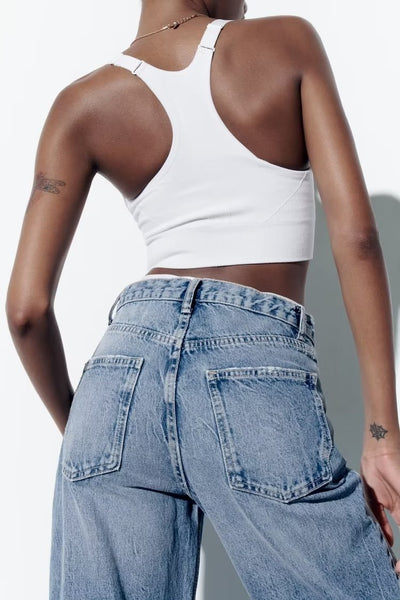 Jeans de Talle Alto y Pierna Ancha con Detalles Perforados para Primavera y Verano - Image 18