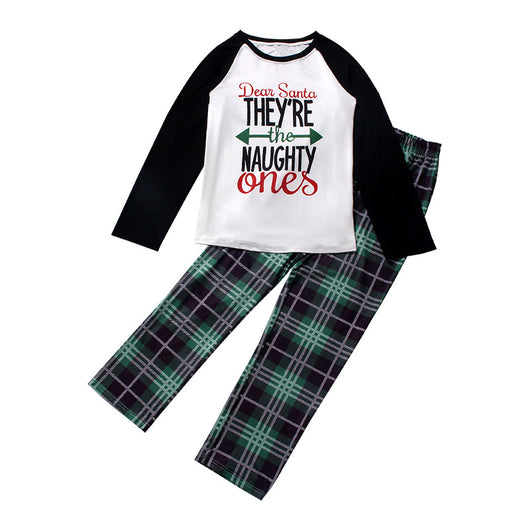 Family matching Christmas pajamas with "Dear Santa They're the Naughty Ones" print and green plaid pants. - Image 3