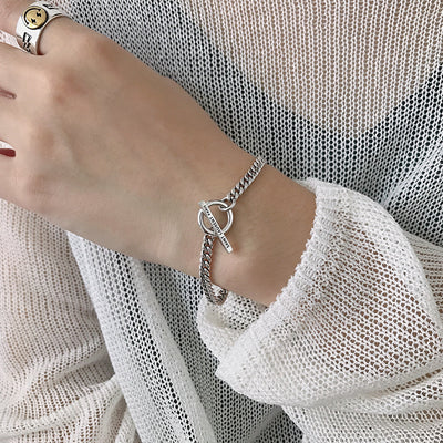 Pulsera Cadena Geométrica Retro con Anillo - Accesorios de Plata Moderna - Image 10