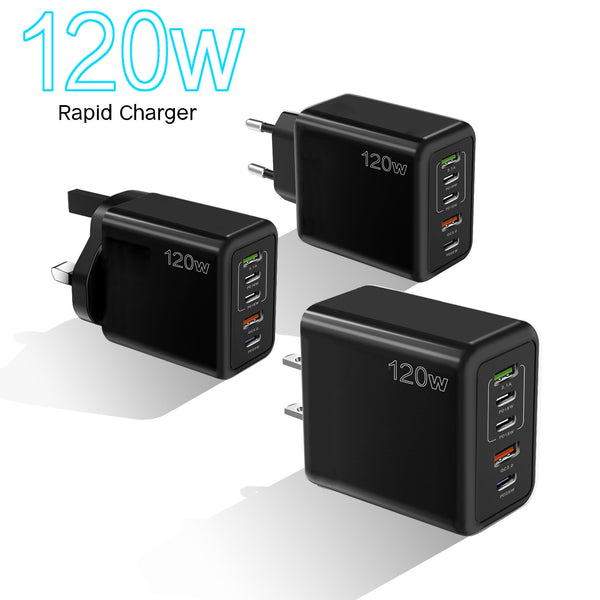 Cargador Rápido Multipuerto 120W - Enchufes Europeos, Americanos y Británicos