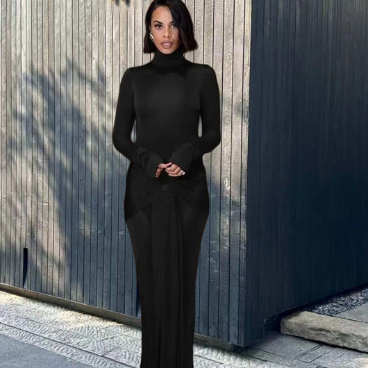 Vestido Elegante de Cuello Alto con Diseño de Cordones - Colección Premium Europea