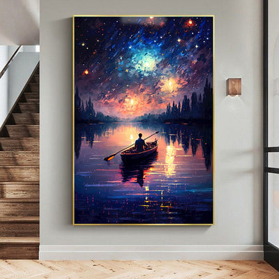 Cuadro de Arte Óleo Pintado a Mano - Lago Nocturno Bajo Cielo Estrellado - Image 4