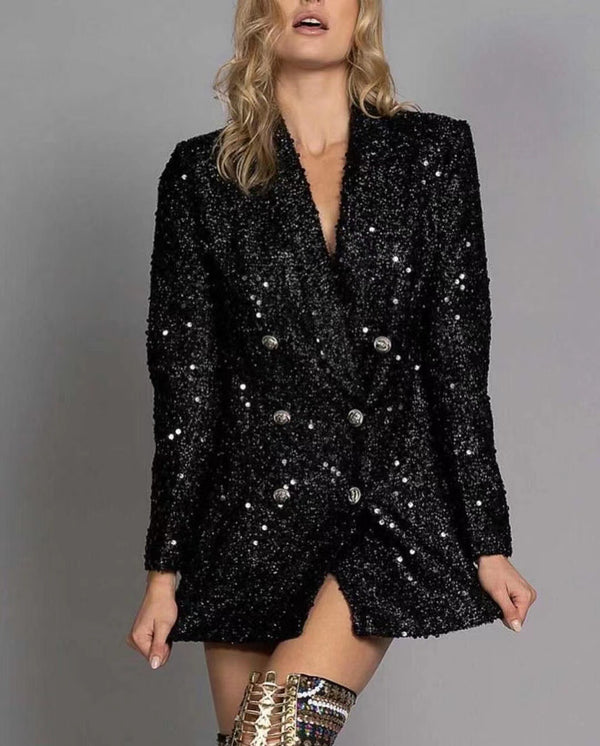 Blusa Larga Negra Mujer Cuello V Doble Botonadura con Lentejuelas Ajustada - Image 6