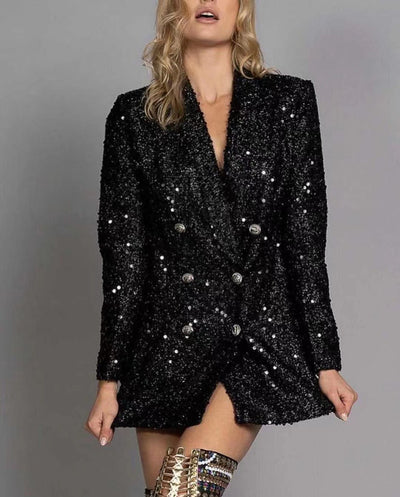 Blusa Larga Negra Mujer Cuello V Doble Botonadura con Lentejuelas Ajustada - Image 6