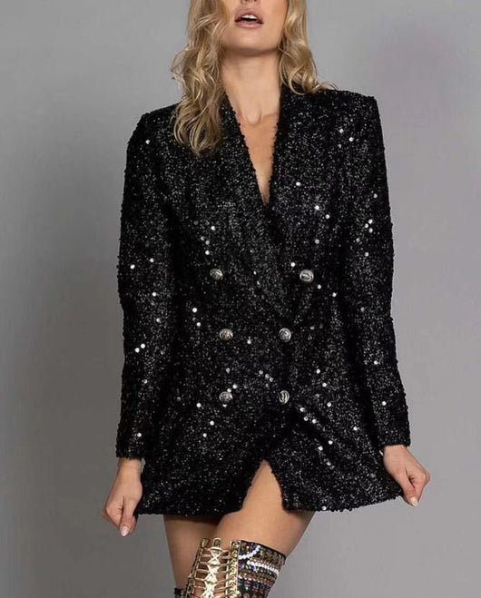 Blusa Larga Negra Mujer Cuello V Doble Botonadura con Lentejuelas Ajustada - Image 6