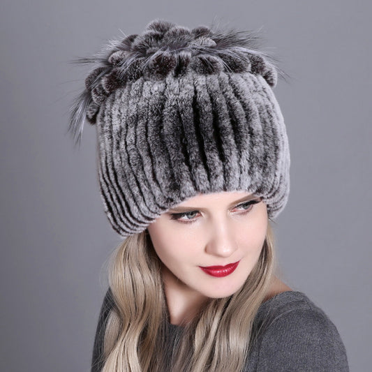 Gorro Tejido de Piel de Conejo Rex para Mujer