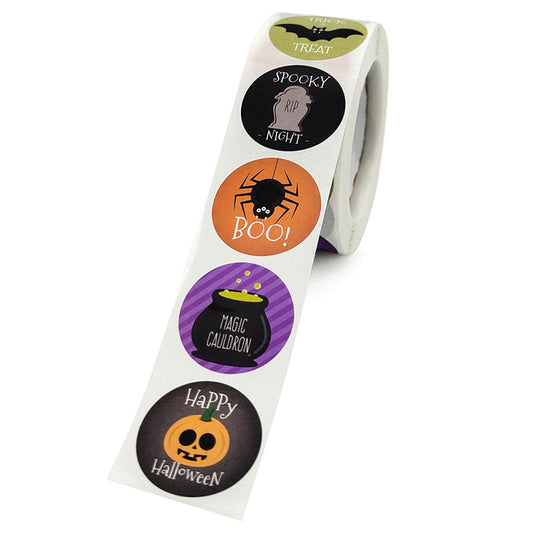 Roll of round Halloween stickers with designs including witches' hats, owls, skulls, pumpkins, ghosts, bats, and spiders. - Image 2