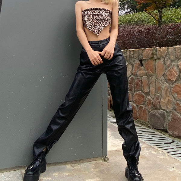 Pantalones de Cuero para Motocicleta Negro con Piernas Divididas