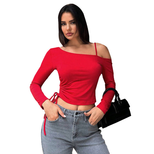 Blusa Corta Cuello Oblicuo Estilo Dulce y Picante para Mujer - Diseño Otoño Invierno - Image 5