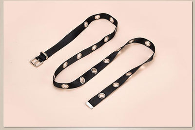 Black canvas belt with silver-tone metal eyelets and a pin buckle, designed to be tied. - Image 4