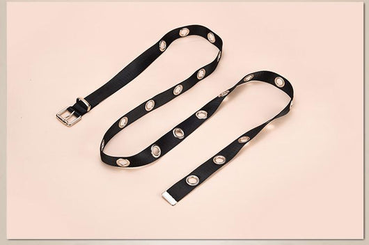 Black canvas belt with silver-tone metal eyelets and a pin buckle, designed to be tied. - Image 4