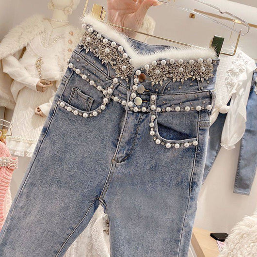 Jeans Talle Alto Abotonado con Detalles de Cuentas y Costuras en Lana - Image 8