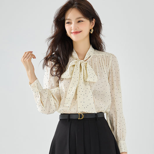 Blusa de Lunares con Moño Streamer de Manga Larga Versátil - Image 2