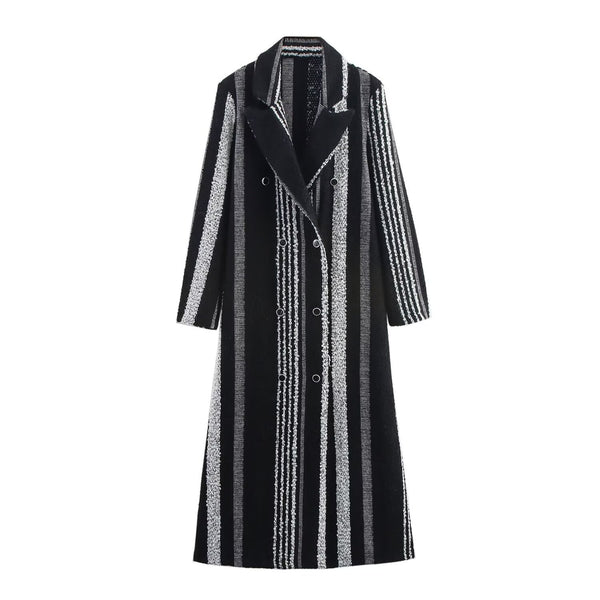 Abrigo de Lana a Rayas Blanco y Negro Estilo Francés Elegante para Mujer