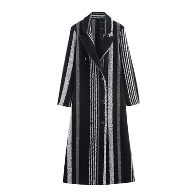 Abrigo de Lana a Rayas Blanco y Negro Estilo Francés Elegante para Mujer